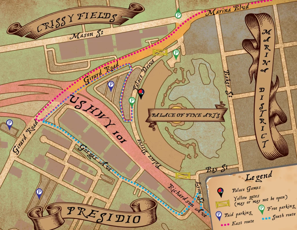 Parking map: enter the Palace of Fine Arts lot from Girard Road, then continue to the Palace Games door on Palace Drive